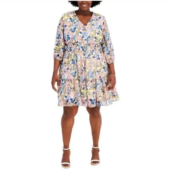 Taylor Dresses & Skirts - NEW Taylor Floral Print Chiffon Dress Smocked Waist V-Neck A-Line Tiered 20W NWT